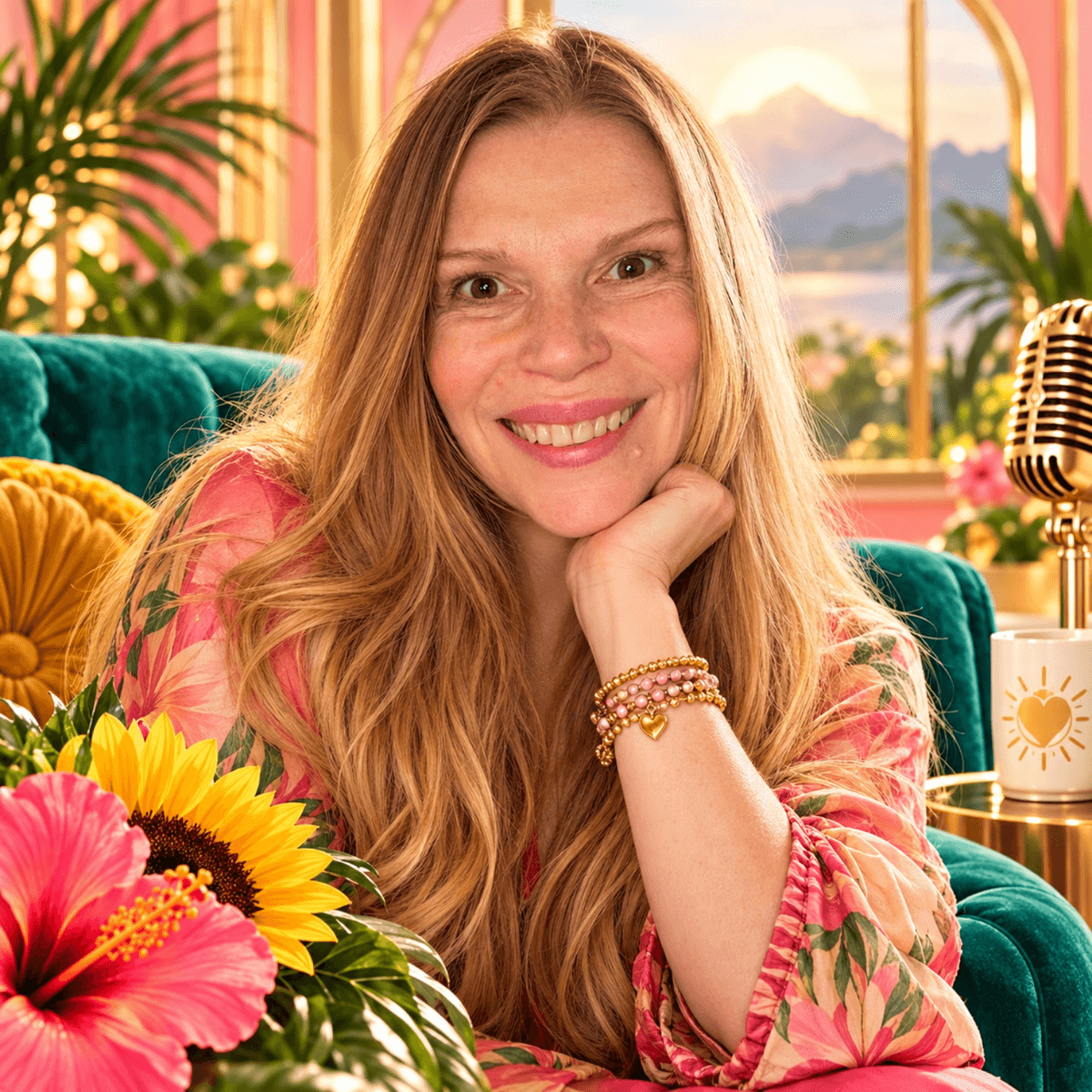 Sunflower seated in a colorful tropical room with sunflowers, hibiscus, and a vintage microphone