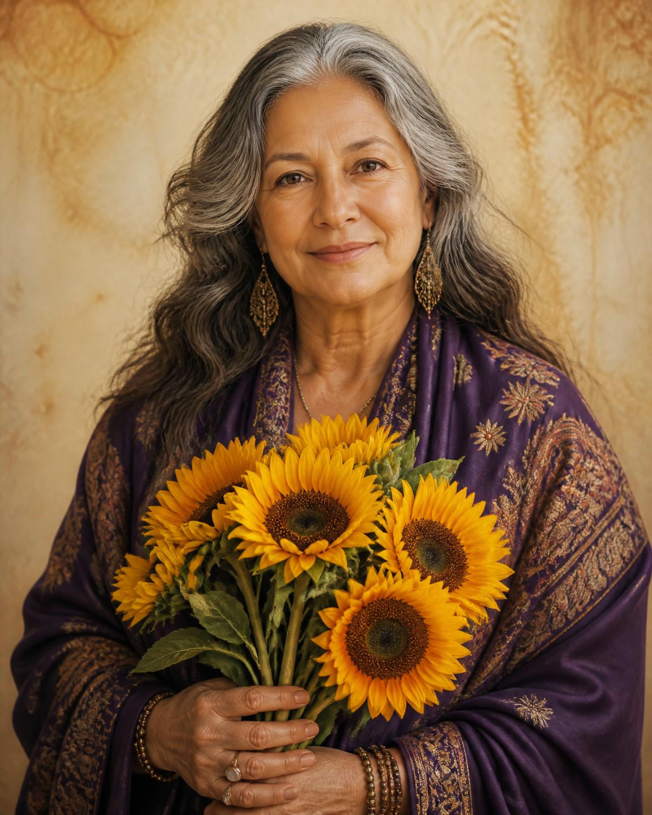 Sunflower, holding a bouquet of sunflowers in a deep purple embroidered shawl