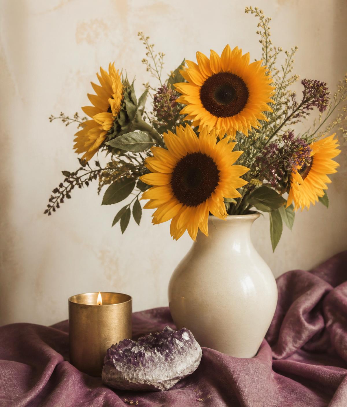 Sunflowers in a cream vase beside a gold candle and amethyst on plum linen
