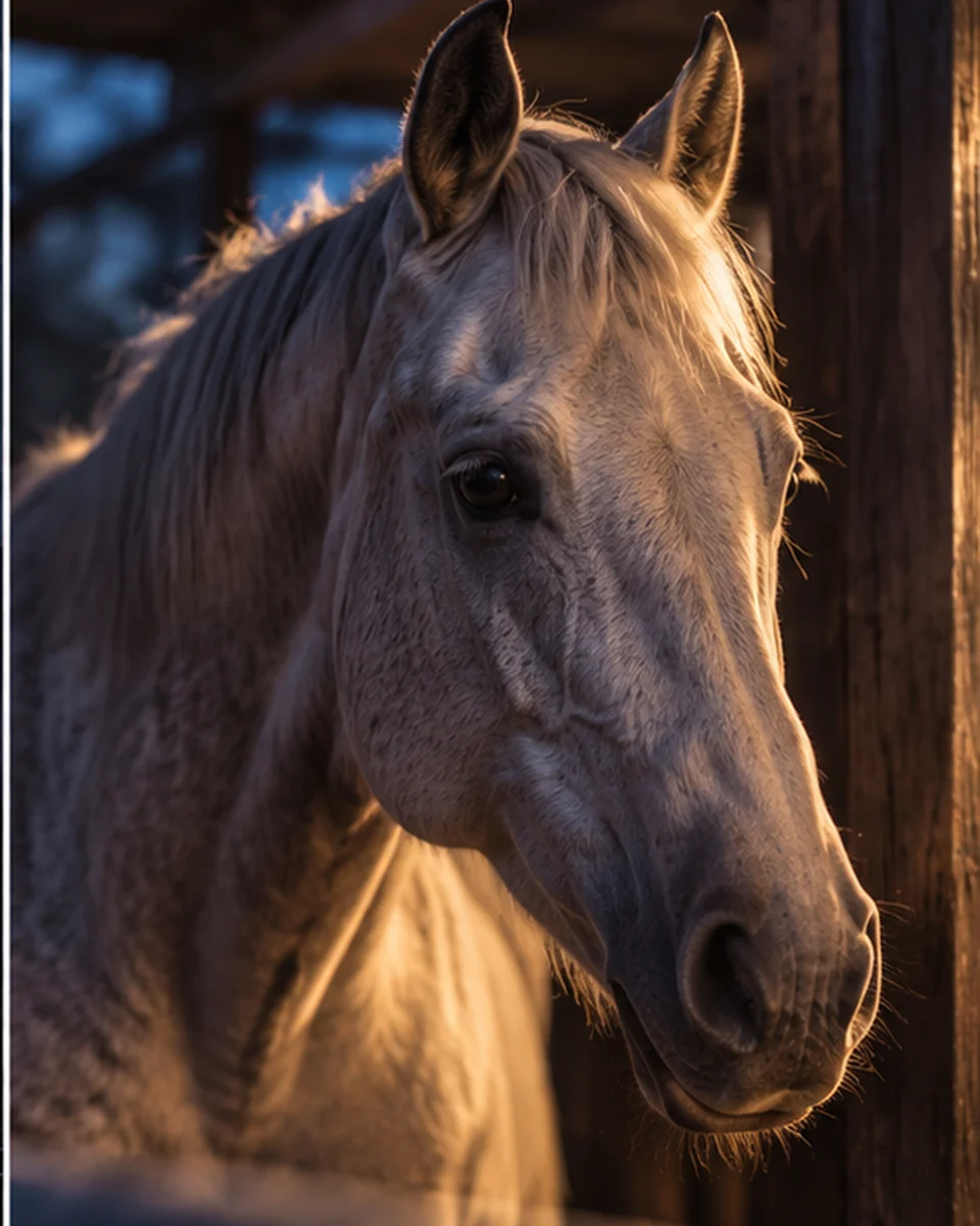 Atmospheric illustration of an elderly pale horse in warm stable light. Not Kirby and not case evidence.