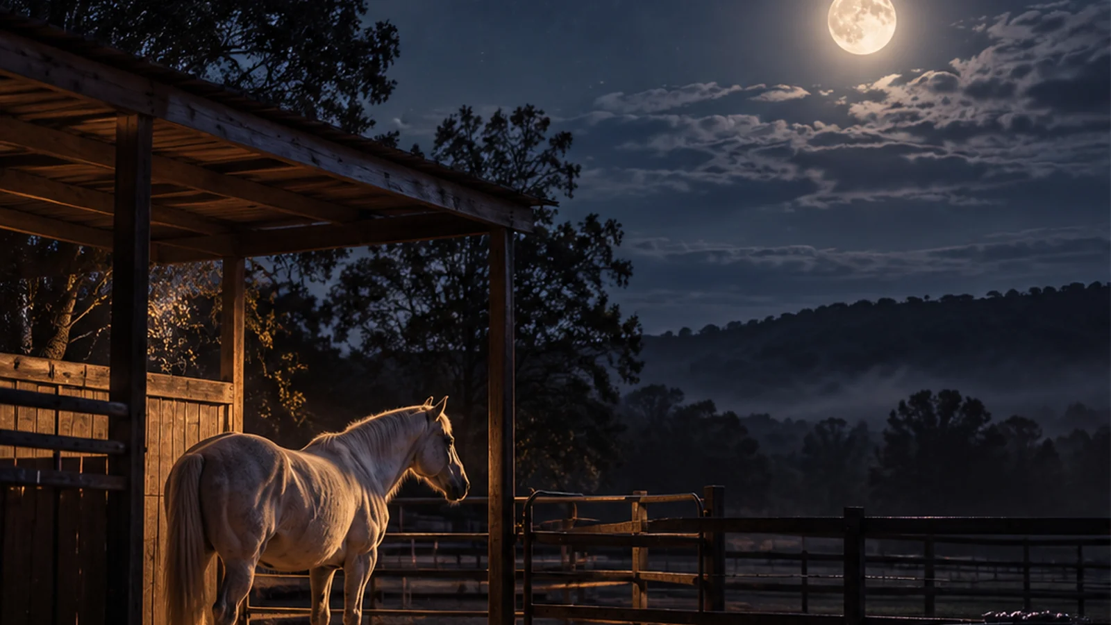 Atmospheric illustration of a pale horse beside a moonlit stable at night; not case evidence.