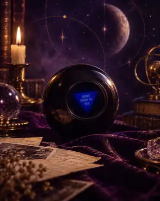 A black Magic 8 Ball with a glowing blue prediction window in a candlelit celestial scene.