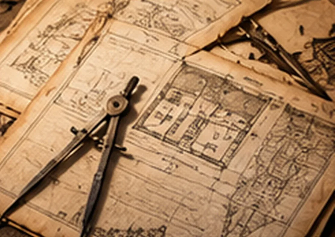 Illustration of aged architectural drawings and brass drawing compasses on parchment.