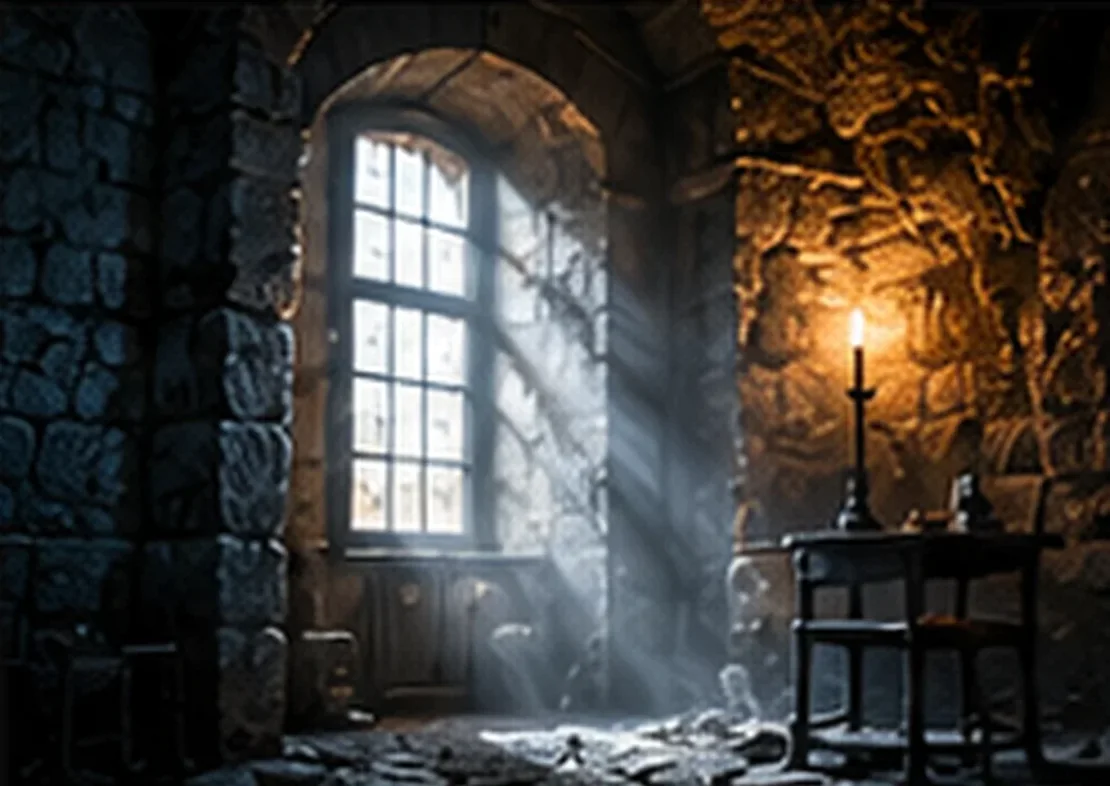 Illustration of a dim stone room with a tall window, shafts of light and a candle on a small table.