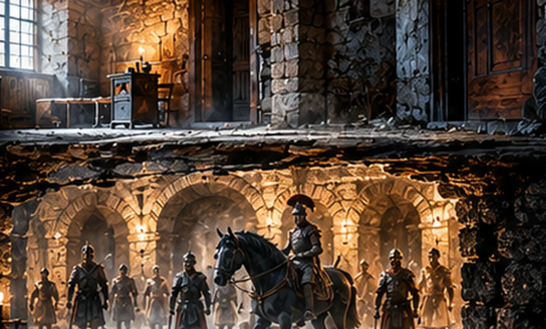 Atmospheric illustration of an old stone room with a candle and desk above an arched cellar where Roman soldiers walk. Not historical evidence.