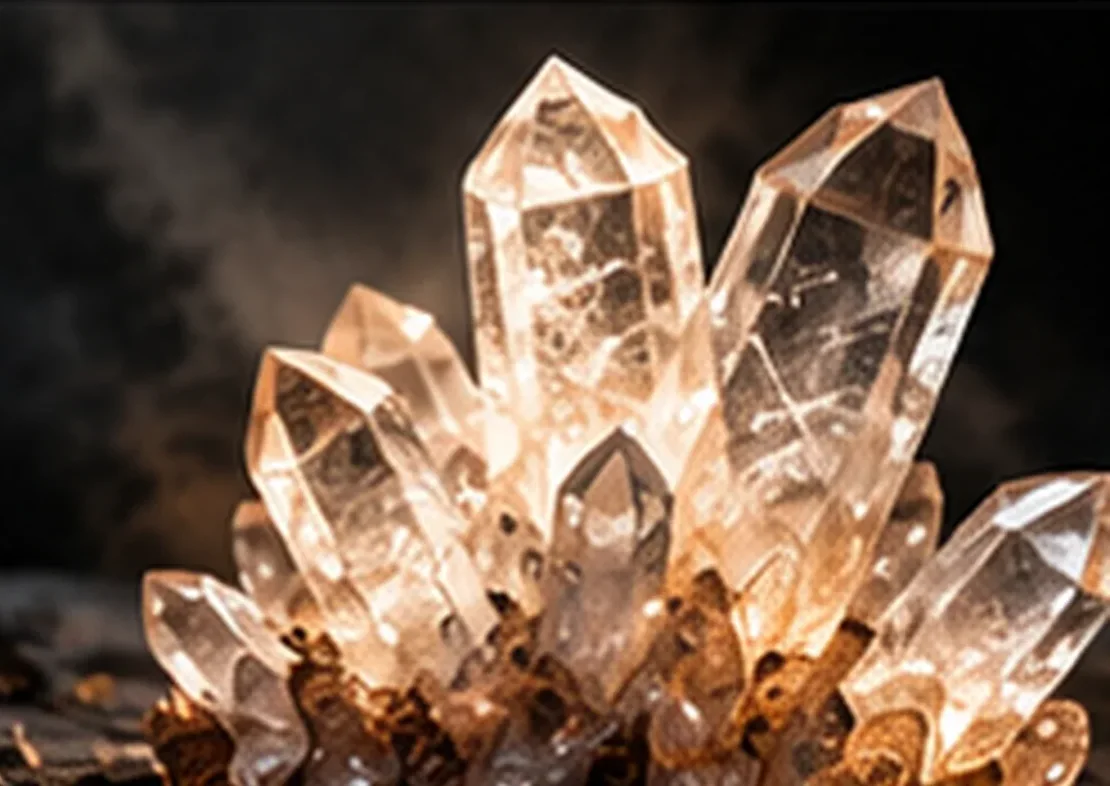 Close-up illustration of a cluster of clear quartz crystals glowing in warm light.