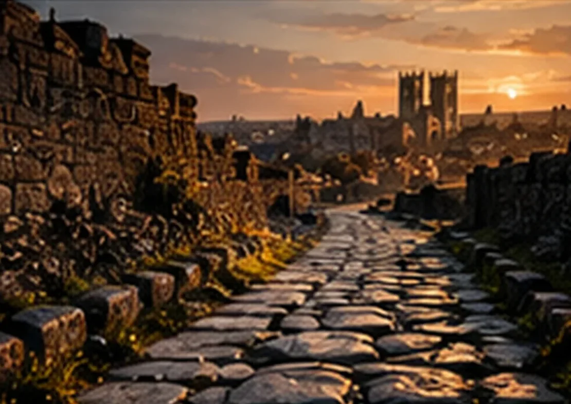 Illustration of a paved Roman road running between old stone walls toward a cathedral skyline at sunset.