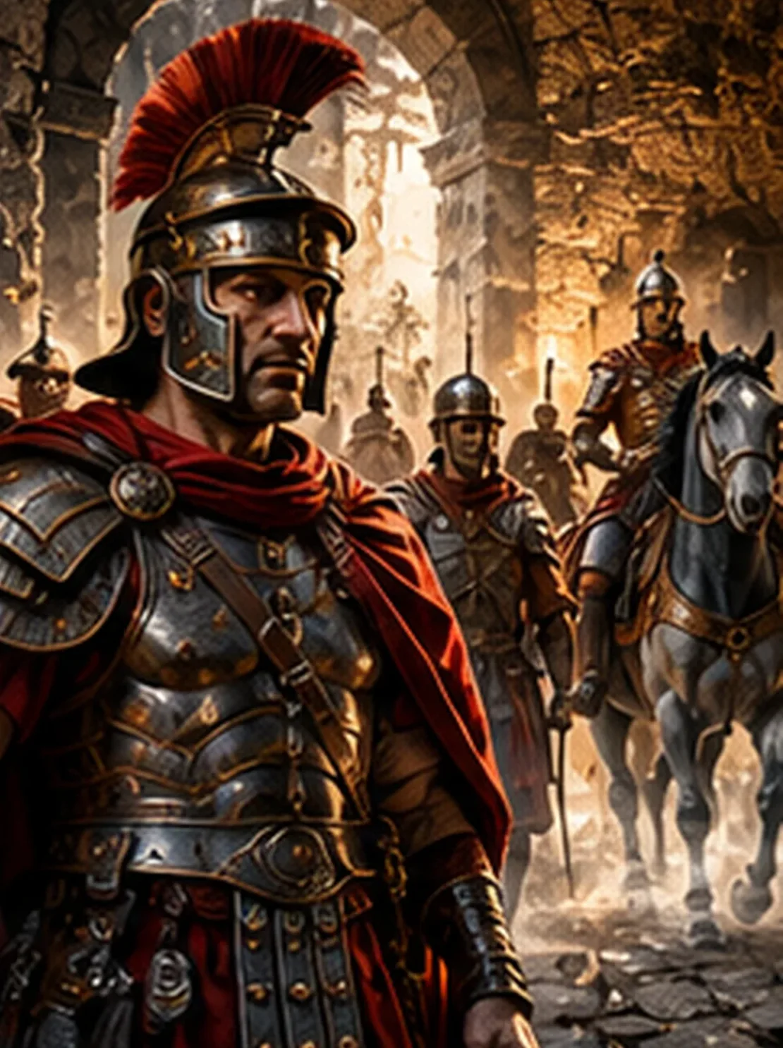 Illustration of a Roman soldier in a red cloak and crested helmet with a column of soldiers and horses behind him in a stone cellar.