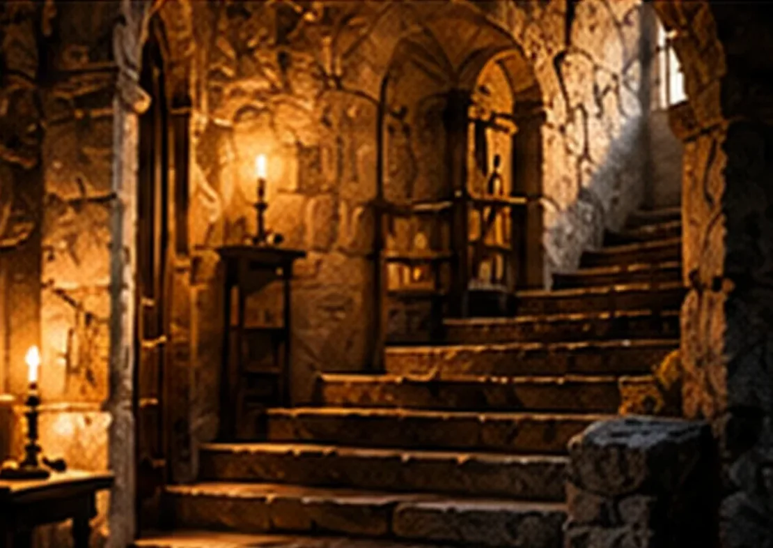 Illustration of a candlelit stone staircase in an old building.