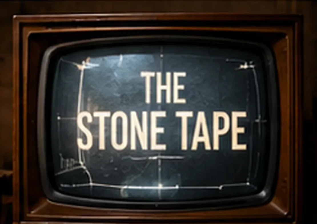 Illustration of a vintage wooden television set whose screen shows the words The Stone Tape.