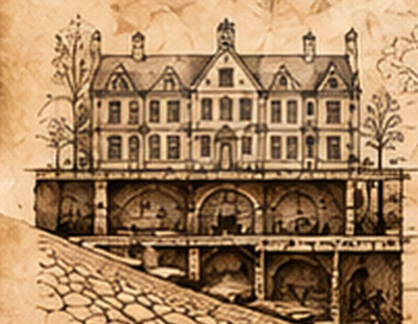 Pen-and-ink style illustration of a large house above a vaulted cellar, with a sloping cobbled road below.