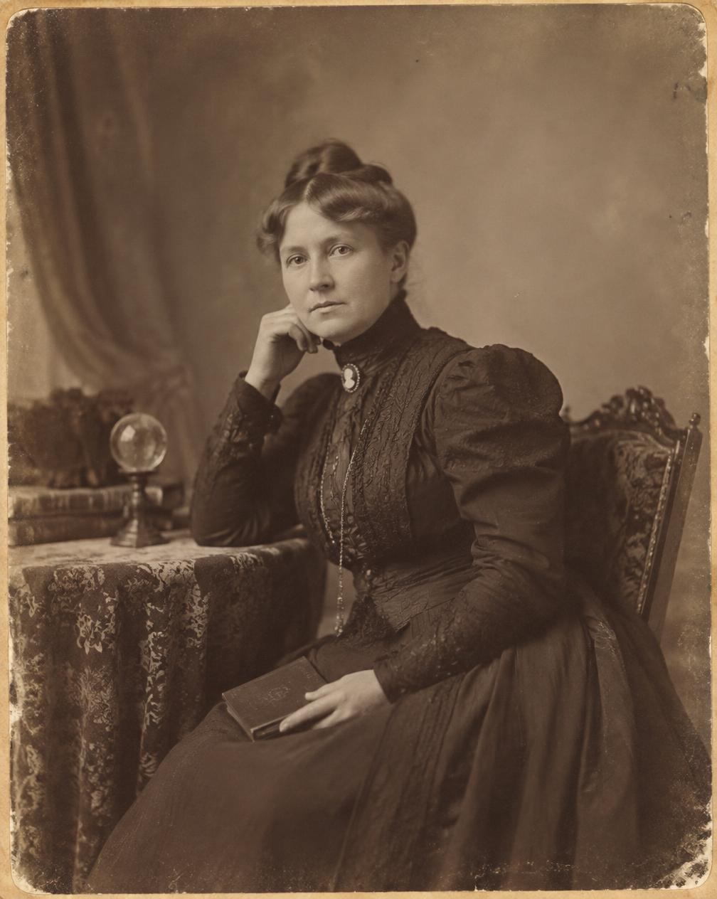 Archival-style portrait of Victorian spiritualist Laura Pruden