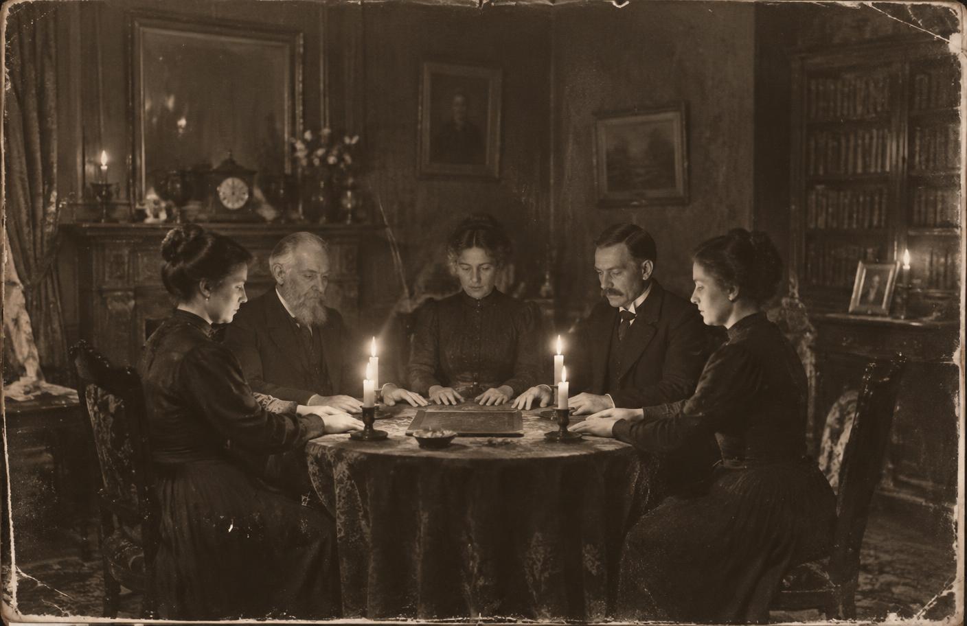 Archival-style photograph of a Victorian séance around a table